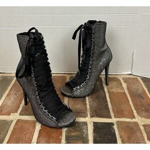 Steve Madden‎ Fuego Black Silver Peep-Toe Booties Stiletto Lace Up Women's 8.5